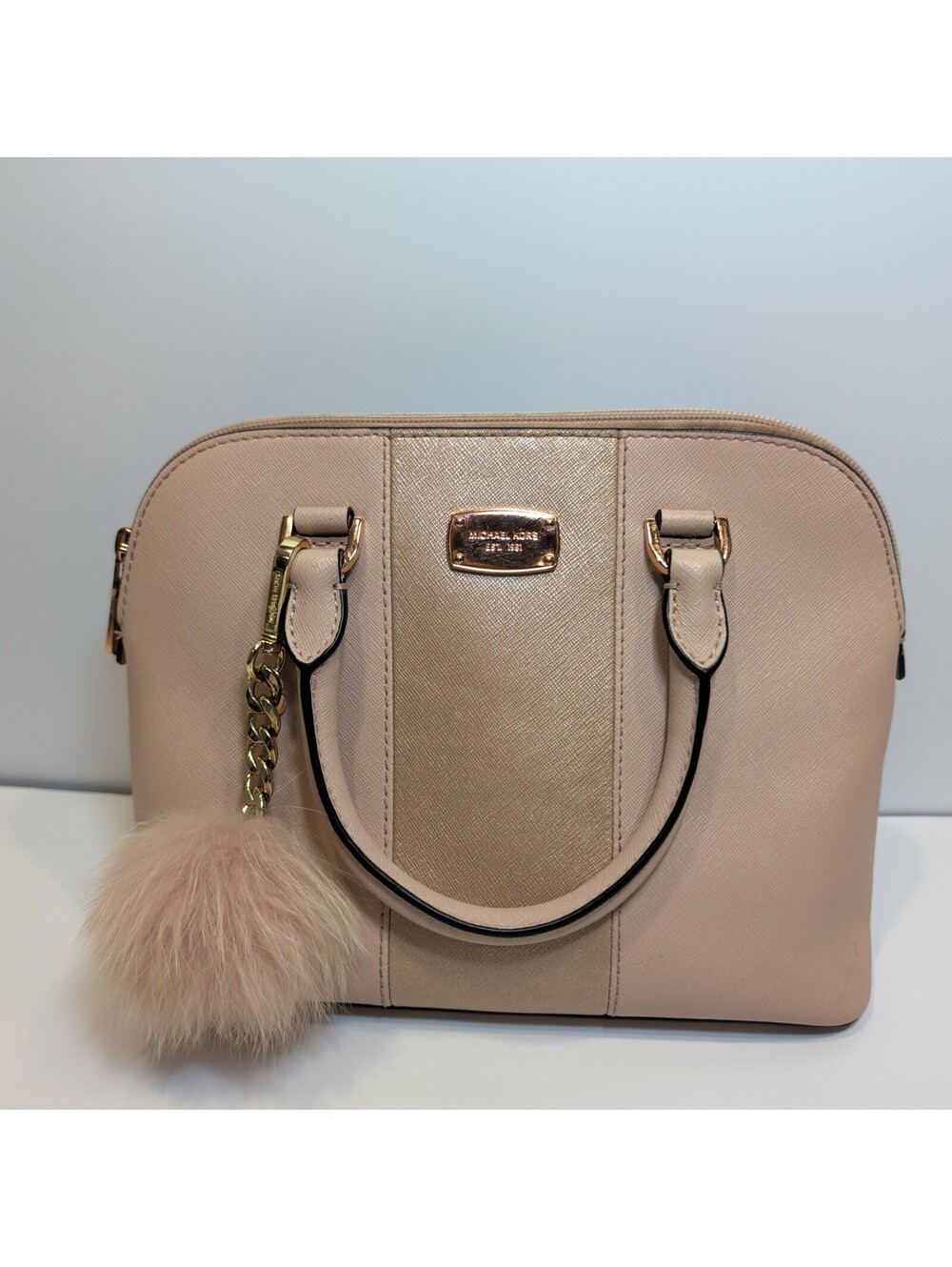 Michael Kors Light Pink Saffiano Leather Dome Satchel with Pom Pom Charm